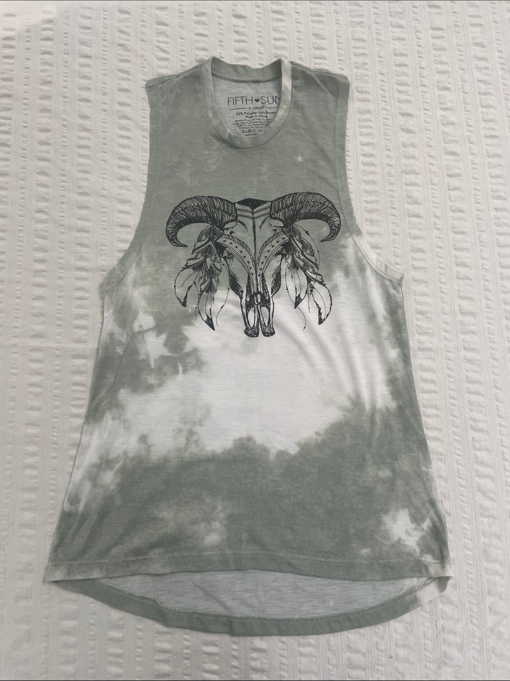 Fifth Sun Tie Dye Boho Ram Skull Tank Sage Green White Tie Dye (Size Small)